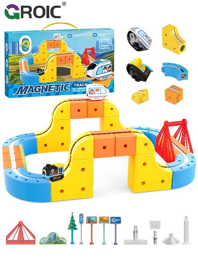 GROIC 67Pcs 3D Infinity Cube Track Magnetic Electric Train Set for Kids 3 4 5 6 7 8, 3D Flexible Race Track Gravity Defying Train Track Stem Learning Toy for Toddlers, DIY Montessori Building Kits - Image 1